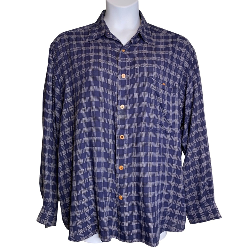VTG Claiborne Mens Blue Plaid Long Sleeve Button‎ Up Shirt Sz XL 90s Oversized